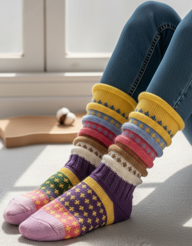 Women's Colorful Striped Slouch Socks Warm Color-blocked Star-patterned Wool Floor Ethnic Style Mid-calf Socks