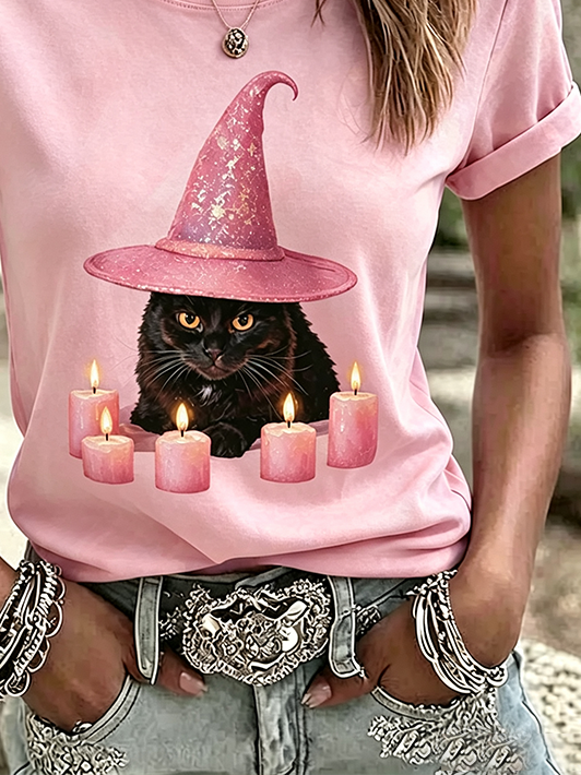 Casual Cat Crew Neck Short Sleeve T-shirt