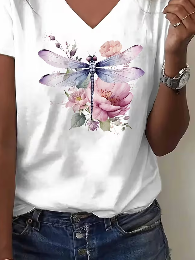 Vintage Floral V Neck Short Sleeve T-shirt