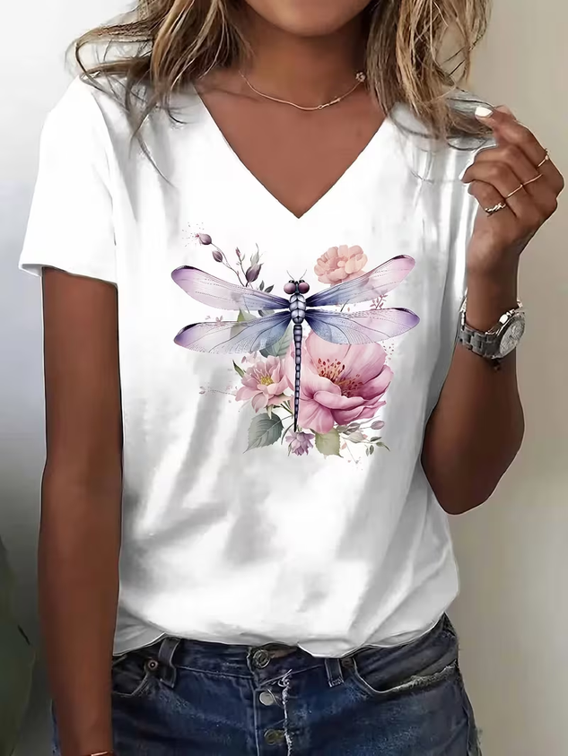 Vintage Floral V Neck Short Sleeve T-shirt