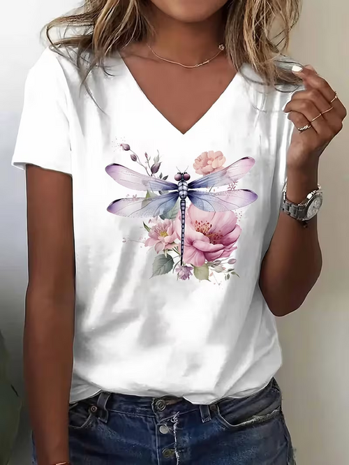 Vintage Floral V Neck Short Sleeve T-shirt