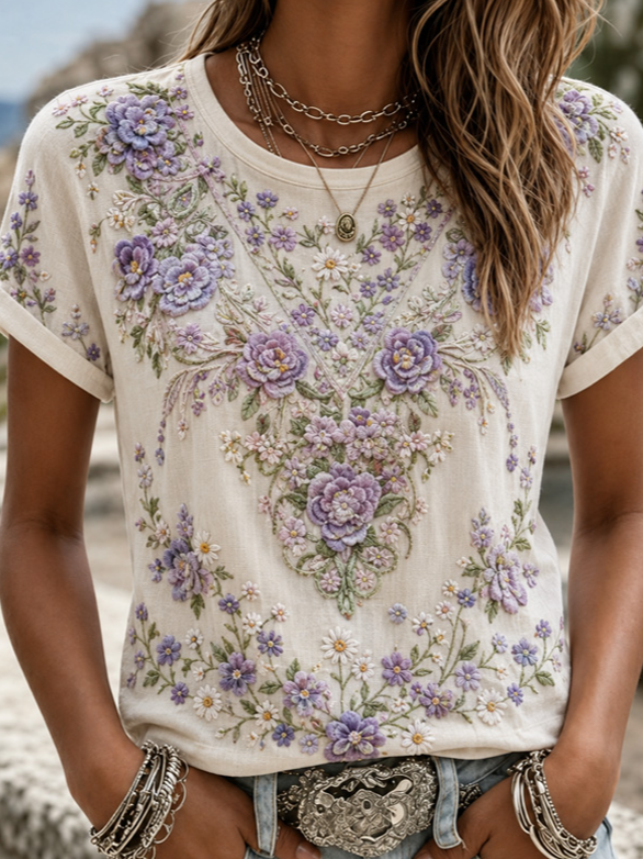 Casual Floral Crew Neck Short Sleeve T-shirt