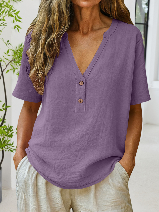Casual Plain V Neck Short Sleeve T-shirt