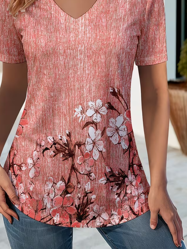 Vintage Floral V Neck Short Sleeve T-shirt