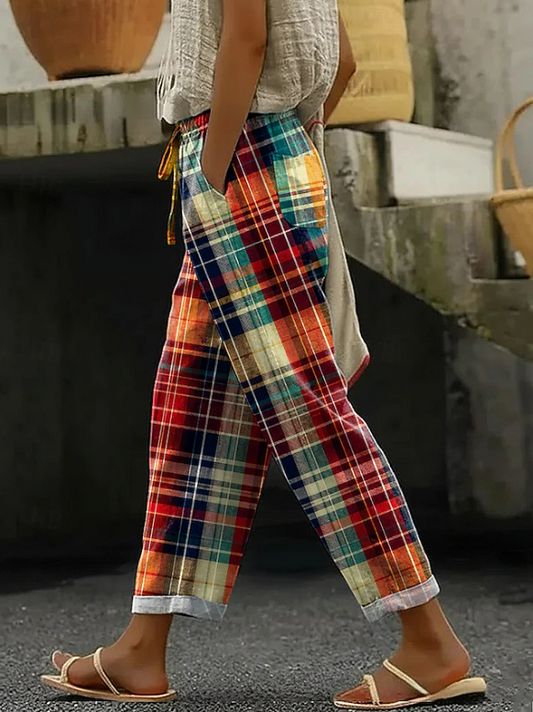 Women Plaid Long Pants Vintage Spring/Fall Trousers