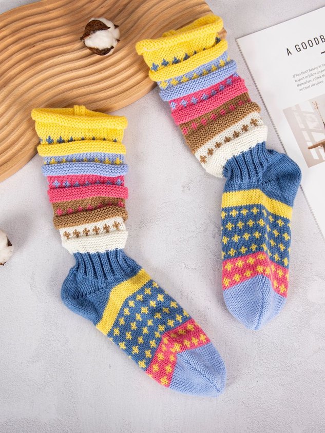 Women's Colorful Striped Slouch Socks Warm Color-blocked Star-patterned Wool Floor Ethnic Style Mid-calf Socks