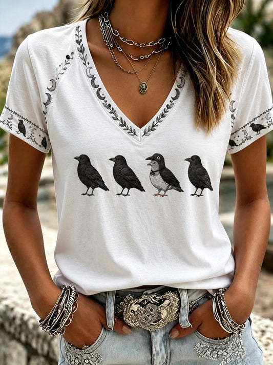 Casual Bird V Neck Short Sleeve T-shirt