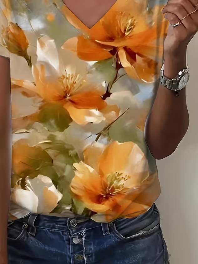 Vintage Floral V Neck Short Sleeve T-shirt