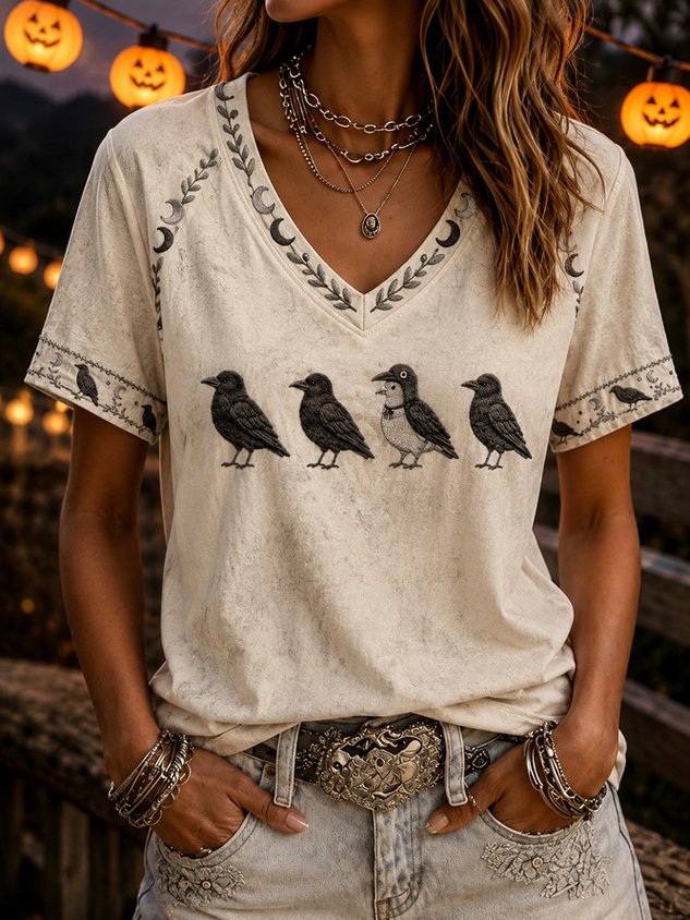 Casual Bird V Neck Short Sleeve T-shirt