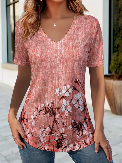 Vintage Floral V Neck Short Sleeve T-shirt