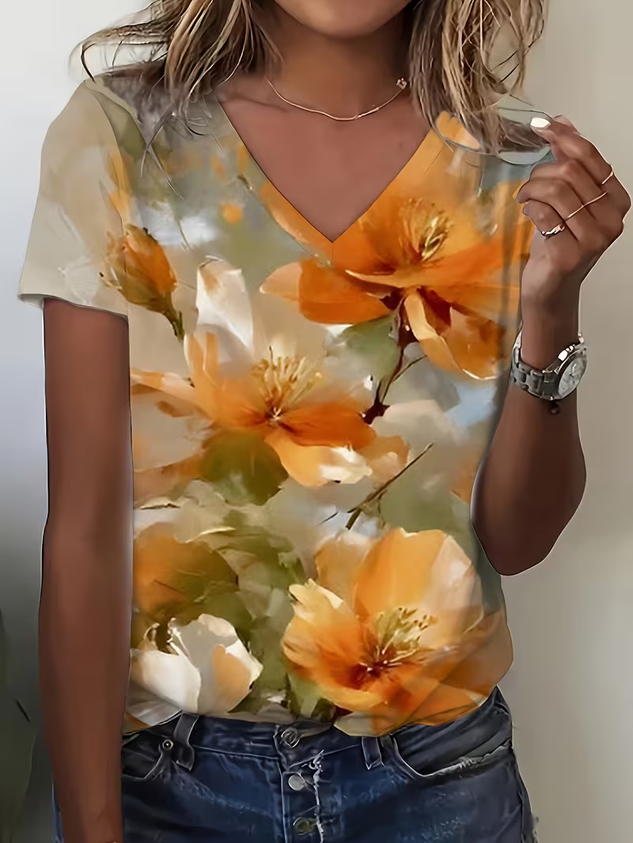 Vintage Floral V Neck Short Sleeve T-shirt
