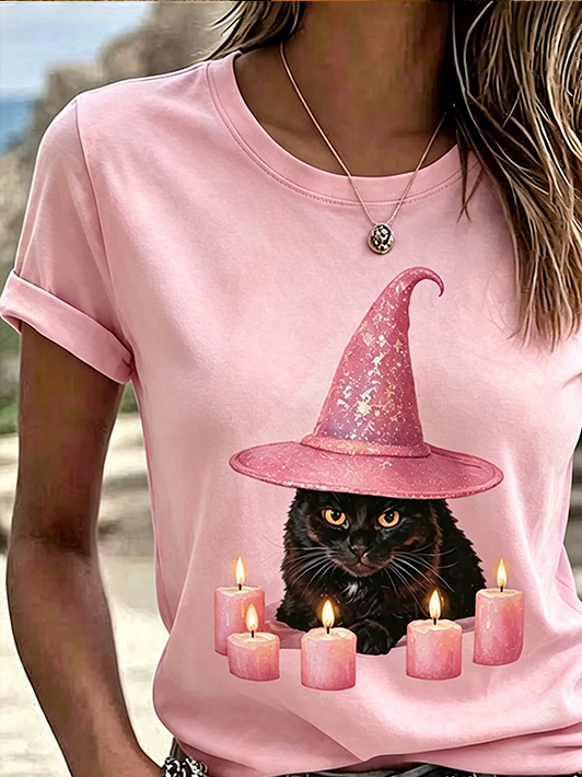 Casual Cat Crew Neck Short Sleeve T-shirt