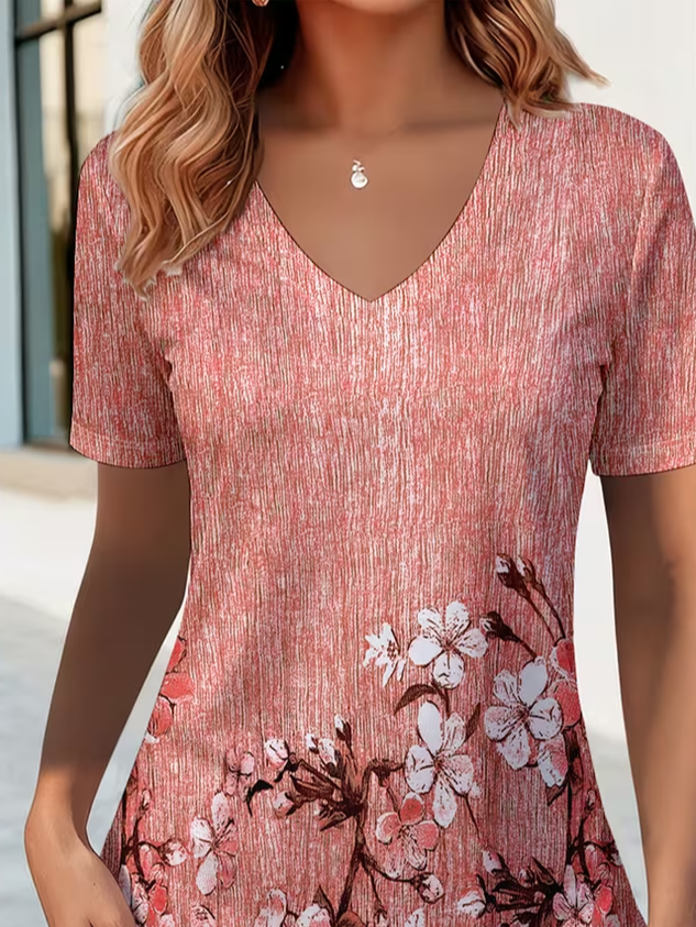 Vintage Floral V Neck Short Sleeve T-shirt