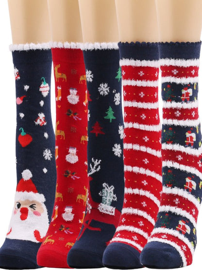 Women's Christmas Socks Santa Claus Elk Christmas Tree Snowman Snowflake Striped Gift Mid-tube Fur Socks