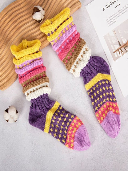 Women's Colorful Striped Slouch Socks Warm Color-blocked Star-patterned Wool Floor Ethnic Style Mid-calf Socks