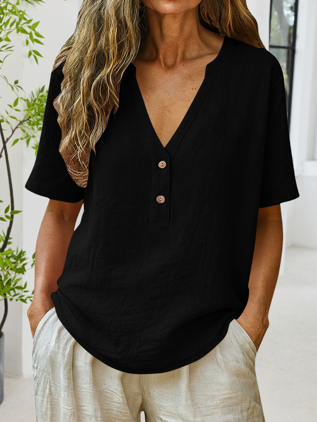 Casual Plain V Neck Short Sleeve T-shirt
