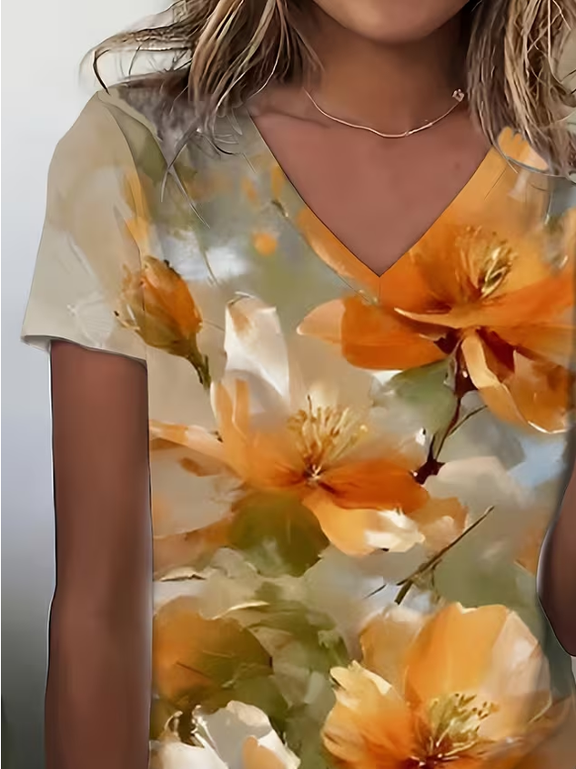 Vintage Floral V Neck Short Sleeve T-shirt