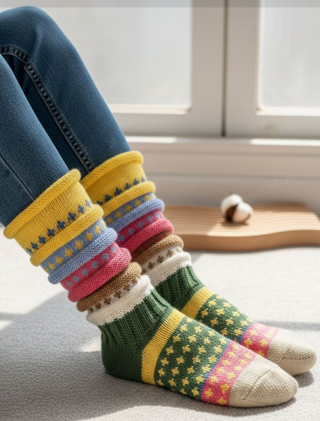 Women's Colorful Striped Slouch Socks Warm Color-blocked Star-patterned Wool Floor Ethnic Style Mid-calf Socks