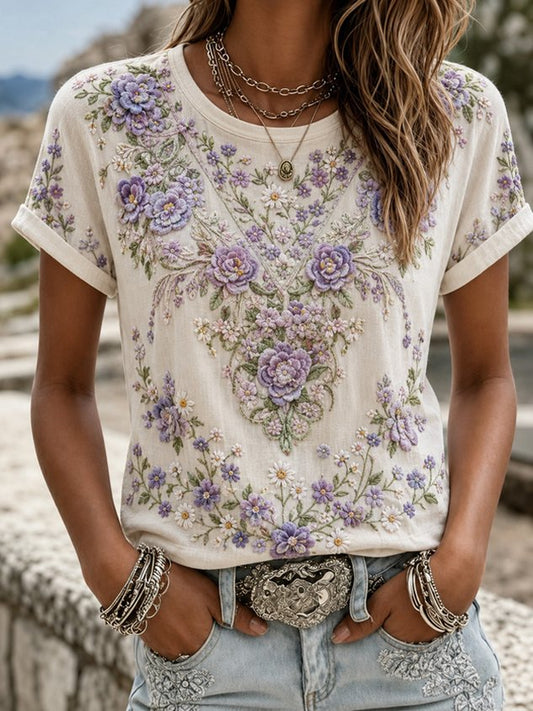 Casual Floral Crew Neck Short Sleeve T-shirt