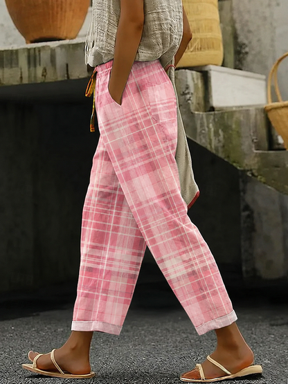 Women Plaid Long Pants Vintage Spring/Fall Trousers