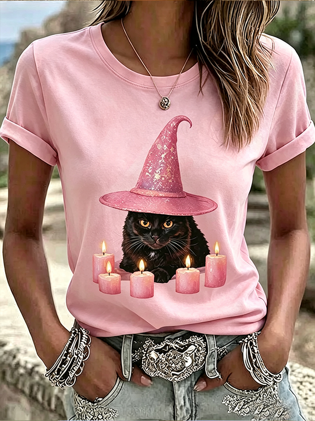 Casual Cat Crew Neck Short Sleeve T-shirt