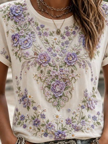 Casual Floral Crew Neck Short Sleeve T-shirt
