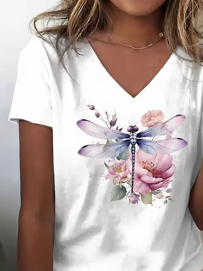Vintage Floral V Neck Short Sleeve T-shirt